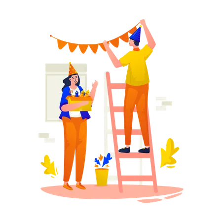 People doing Party decoration  Illustration