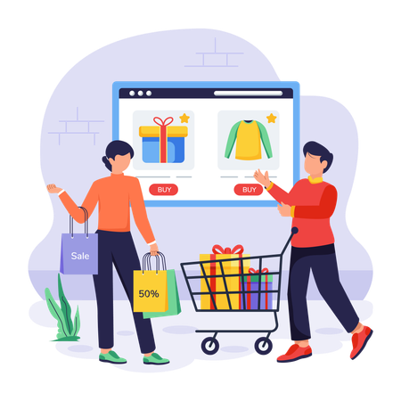 People doing sale shopping from website  일러스트레이션