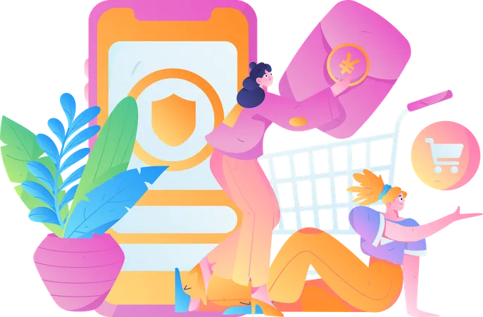People doing secure mobile shopping  Illustration