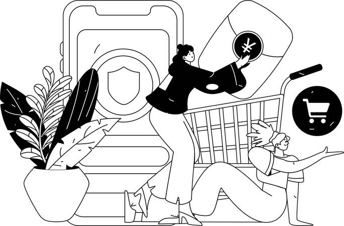 People doing secure mobile shopping  Illustration