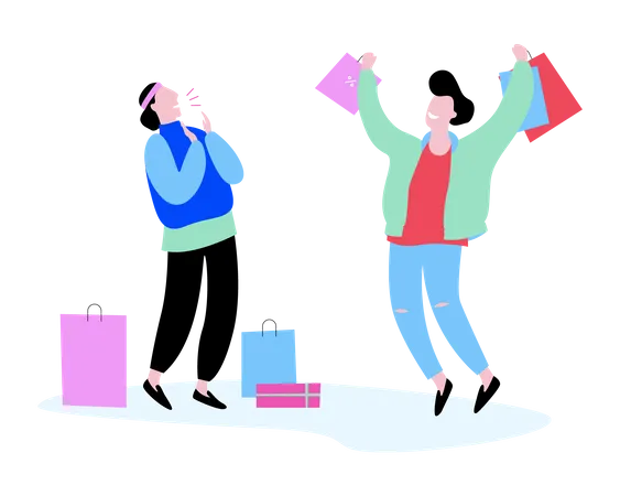 Couple Of People With Shopping Bag Around Big Sale And Discount Happy Joyful Customer Vector Illustration In Cartoon Style Illustration