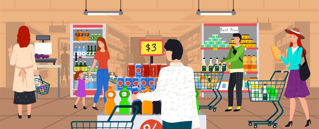 People doing shopping at supermarket  Illustration