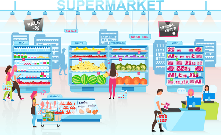 People doing shopping  at supermarket  Illustration