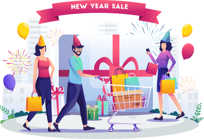 People doing shopping for New Year Illustration