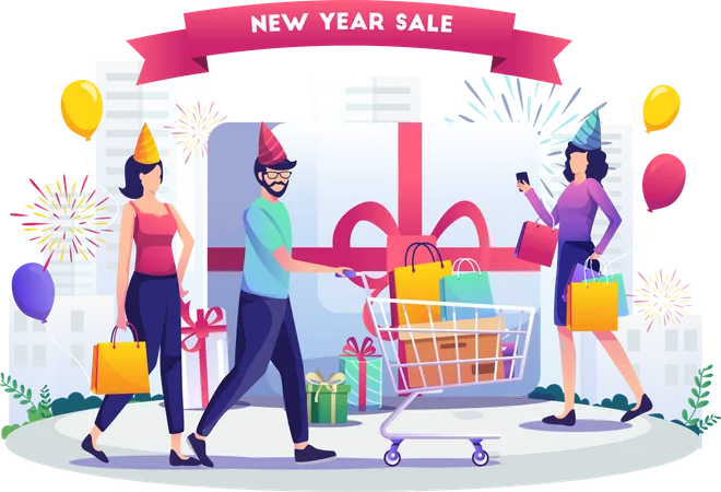 People Doing Shopping In Order To Celebrate The New Year New Year Shopping Sale And Discount Concept Design Vector Illustration Illustration
