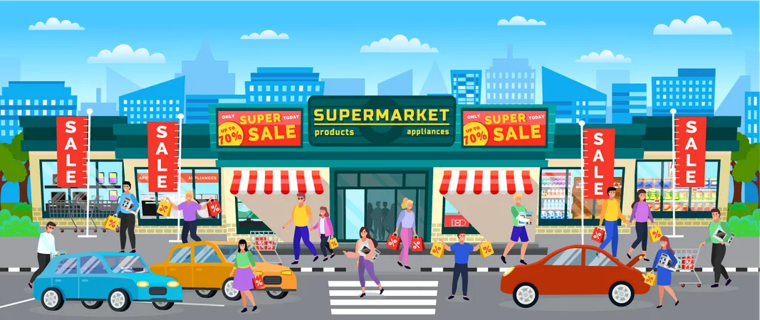 People doing shopping in supermarket  Illustration