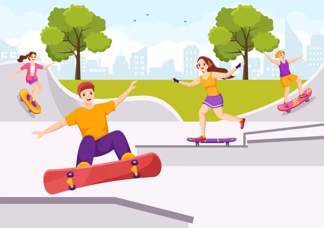 Skateboard Illustration With Skateboarders Jump Using Board On Springboard In Skatepark In Extreme Sport Flat Style Cartoon Hand Drawn Templates Illustration