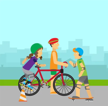 Vertical Summer Sport Banner Healthy Lifestyle Fun Concept People In Sports Uniforms And Helmets Riding A Bike Roller Skating And Skateboarding On Background Of Urban Landscape Leisure Activities Illustration