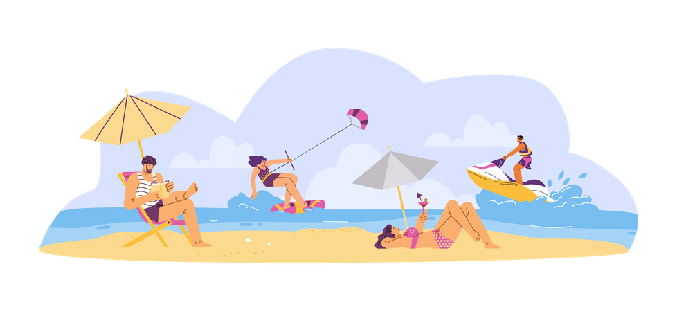 People doing various activities on the beach  Illustration