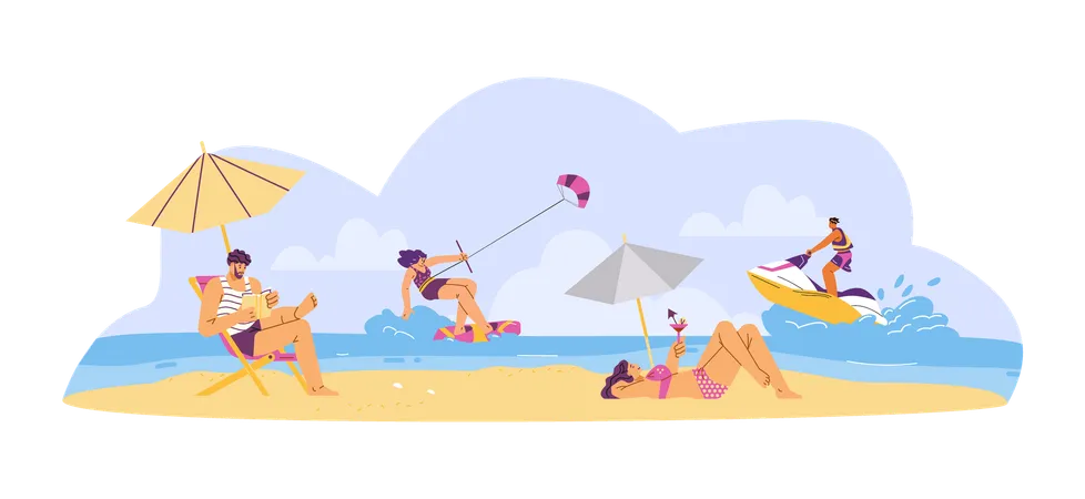 People doing various activities on the beach  Illustration