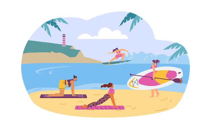 People doing various activities on the beach  Illustration