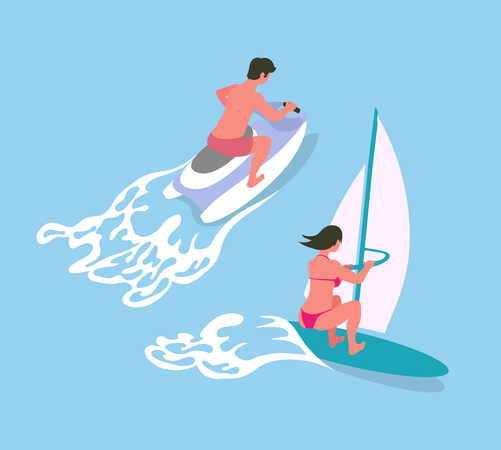 People doing water sports in ocean  Illustration