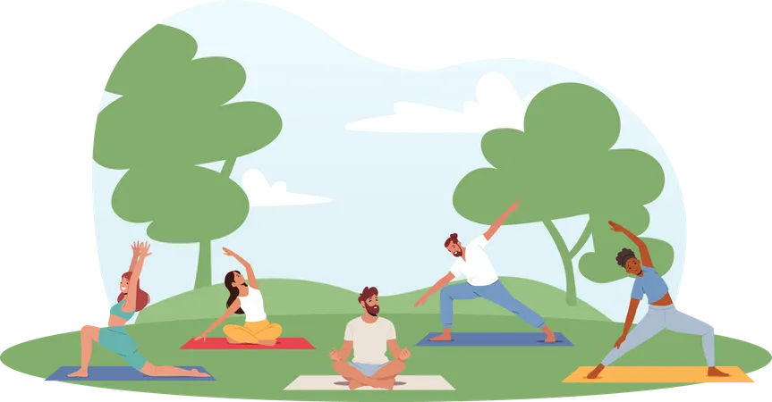 People Doing Exercises In Park Male And Female Characters Outdoor Yoga Activity Concept Fitness Workout In Different Poses Stretching Healthy Lifestyle Leisure Cartoon Vector Illustration Illustration