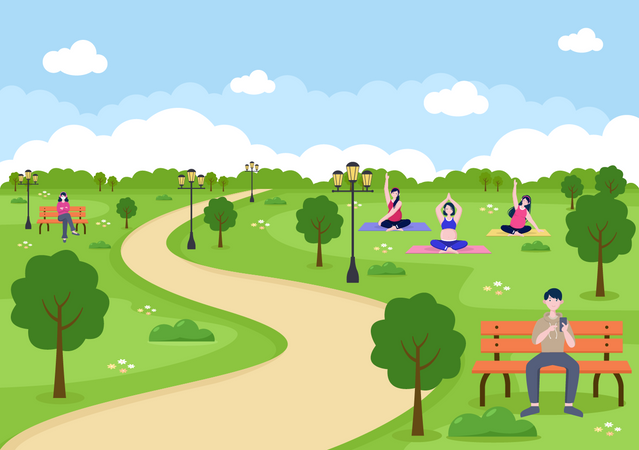 People doing yoga in City Park Illustration