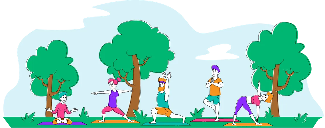 People Doing yoga in park Illustration