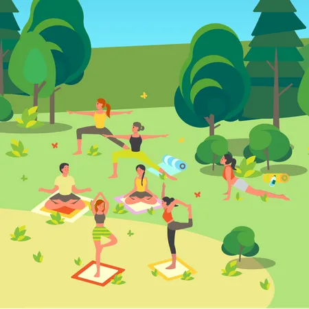 People Doing Yoga In The Park Asana Or Exercise For People In The Park Physical And Mental Health Body Relaxation And Meditation Outside Isolated Vector Illustration Illustration