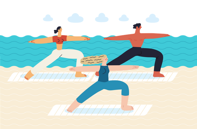 People Doing Yoga on Beach  Illustration