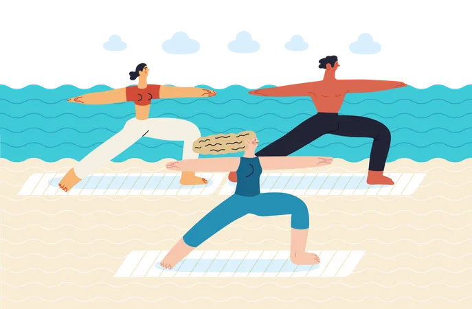 Beach Resort Activities Modern Outlined Flat Vector Concept Illustration Of People Doing Yoga On The Sea Beach A Group Of People Standing In The Warrior Pose On Yoga Mats On Sand Of Seashore Illustration