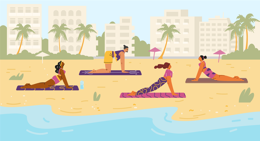 People doing yoga on mats at the beach  Illustration