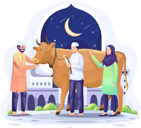 People Donate A Cow To Be Sacrificed Or Qurban On Eid Al Adha Mubarak Flat Vector Illustration Illustration