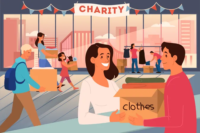 People donate stuff to help poor people Illustration