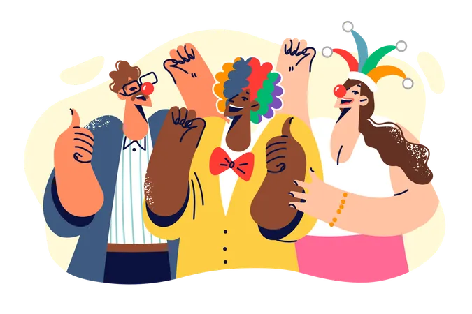 People Dressed As Clowns Celebrate April Fool Day And Invite You To Holiday Party On April 1st Two Men And Woman Having Fun Enjoying Communication And Relaxed Friendly Atmosphere Illustration