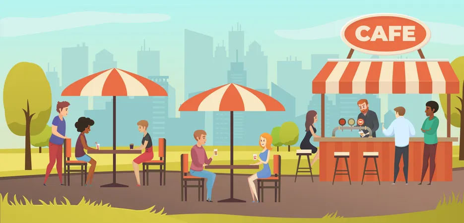 People Drink Coffee in Outdoor Street Cafe on Restaurant Terrace  Illustration