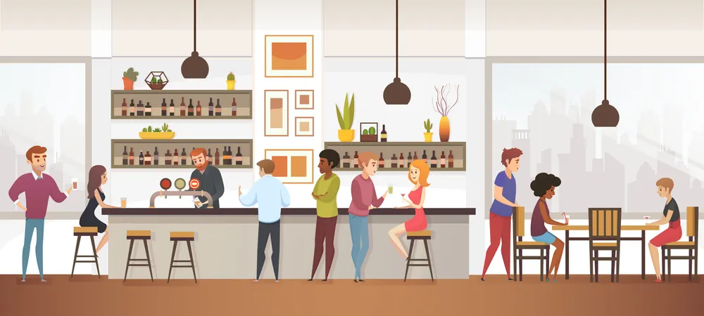 People Drink Coffee into Interior Cafe Bar Illustration