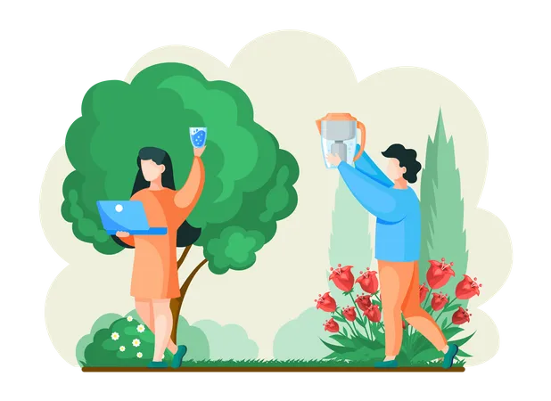 People drink filtered pure water while walk in park Illustration