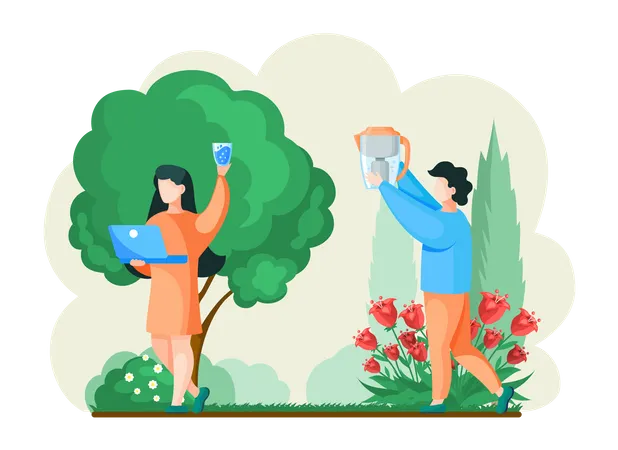 People drink filtered pure water while walk in park  Illustration