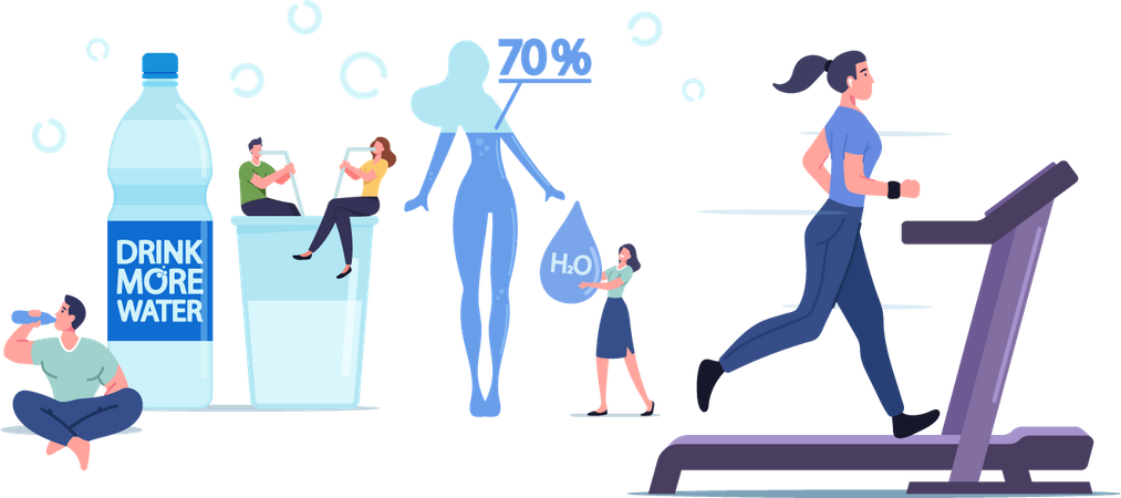 People Drink Water And Woman Exercising on Treadmill  Illustration