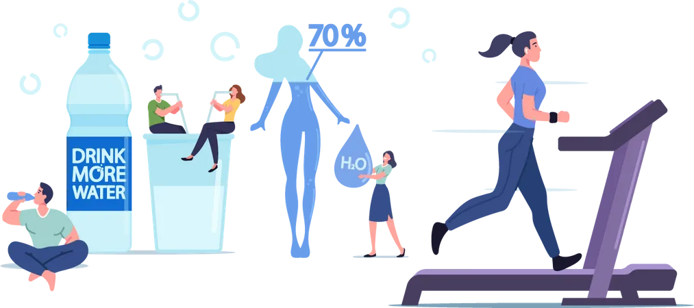 People Drink Water And Woman Exercising on Treadmill  Illustration