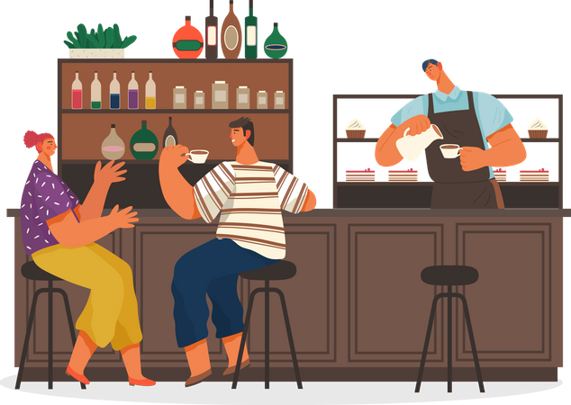 People Drinking Coffee and Eating Dessert  Illustration