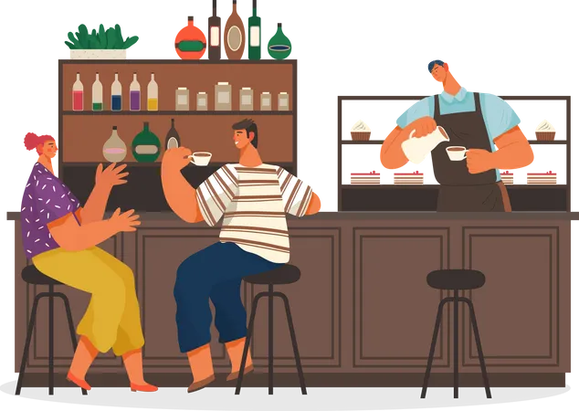 Man And Woman Sitting On Chairs Near Bar In Coffeehouse Barista Making Coffee For And Desserts For People Male And Female Meeting In Cafe Interior Of Restaurant With Sweets And Beverage Vector Illustration