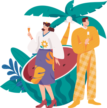 People drinking fruit juice at beach  Illustration