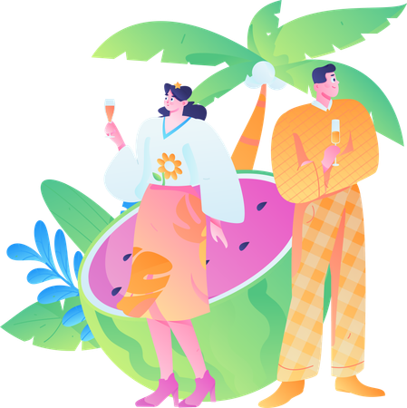 People drinking fruit juice at beach  Illustration