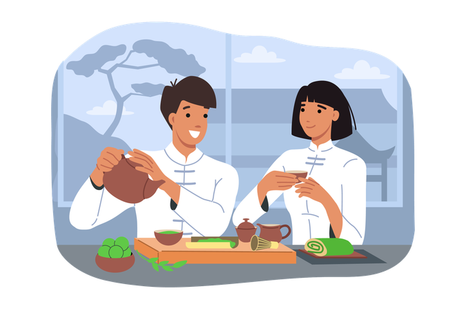 진흙 냄비에 따뜻한 음료를 마시는 사람들  일러스트레이션