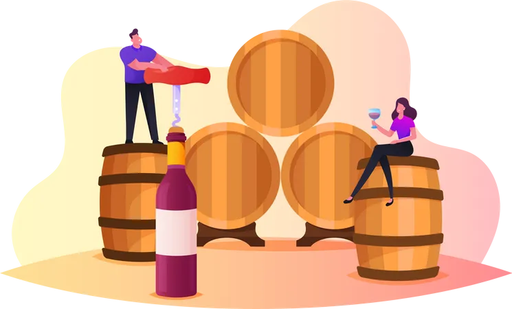 Characters Drinking Wine In Vault Tiny Man Open Huge Bottle With Corkscrew Woman With Wineglass Degustation Tasting Alcohol Drink Expertise Of Beverage Features Cartoon People Vector Illustration イラスト