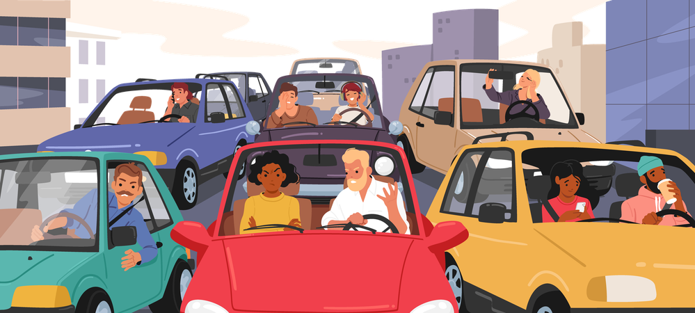 People driving car in city traffic jam waiting for movement  Illustration