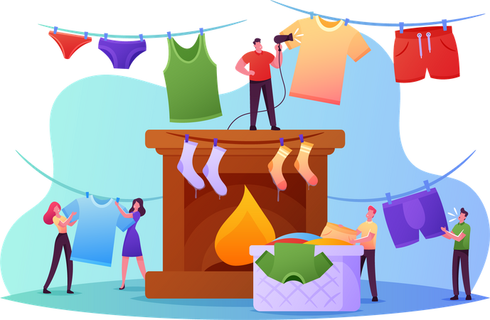 People Drying Wet Clothes  Illustration