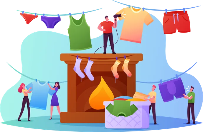 People Drying Wet Clothes  Illustration