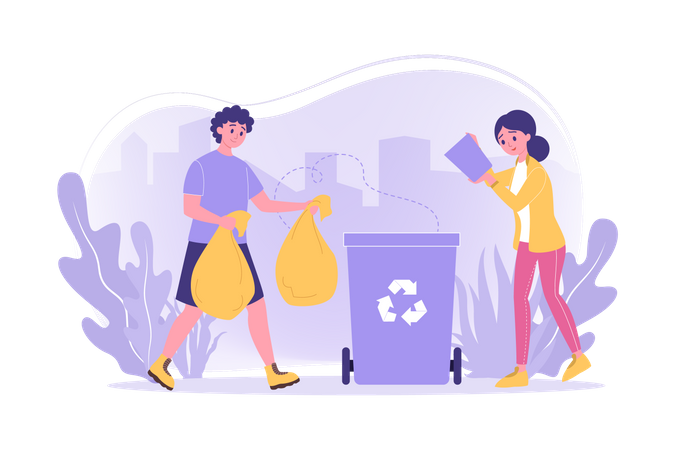 People dump waste in recycle bin  Illustration