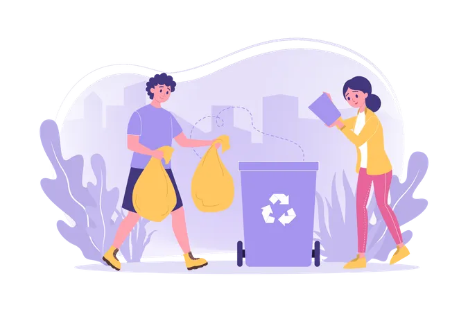 People dump waste in recycle bin  Illustration