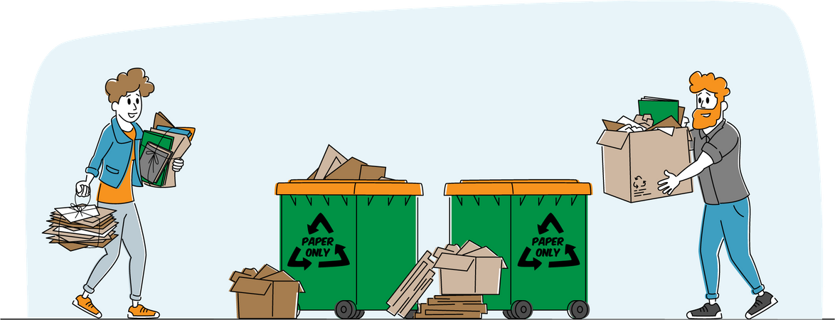 People dumping papers into recycle bins Illustration