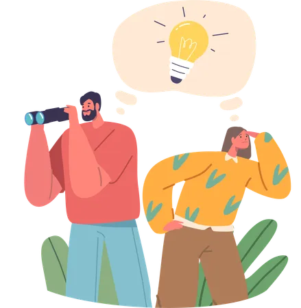 Male And Female Characters With Binoculars Eagerly Explores The Vast Landscape Of Creativity Hunting For The Elusive Spark Of An Idea People Searching For Inspiration Concept Vector Illustration Illustration