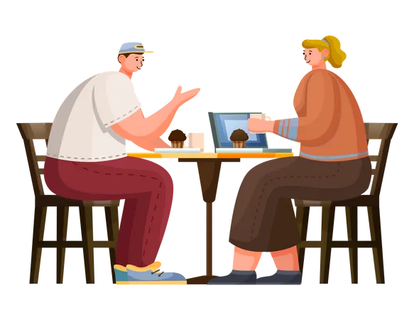 Two People Have Lunch In Cafe Man And Woman Sit On Wooden Chairs And Drink Coffee And Eat Muffins Cozy Place For Relaxation And Meeting With Friend In Cafeteria Vector Illustration In Flat Style Illustration