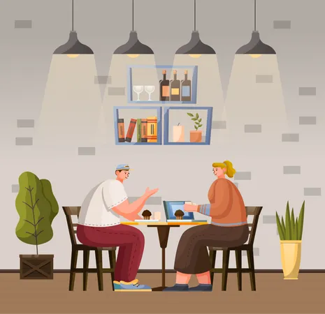 Two People Have Lunch In Cafeteria Or Coffeehouse Man And Woman Sit On Simple Wooden Chairs And Eat Muffins Modern Interior Design Nice Place For Meeting With Friend Vector Illustration In Flat 일러스트레이션