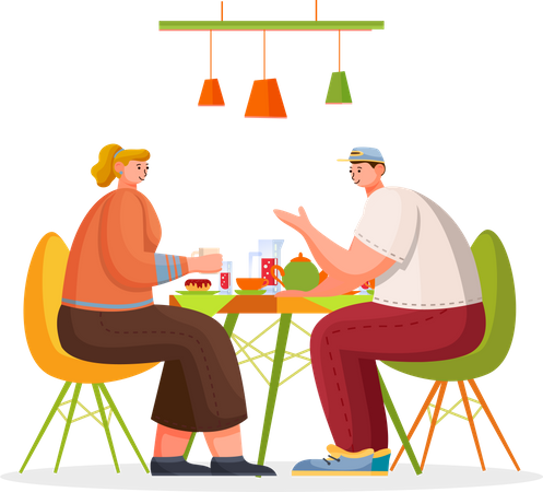 People Eating and Talking in Cafe  Illustration