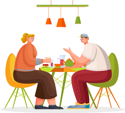 People Eating and Talking in Cafe  Illustration
