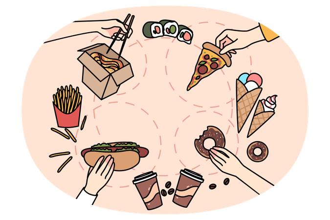 People eating diverse fast food meals  Illustration